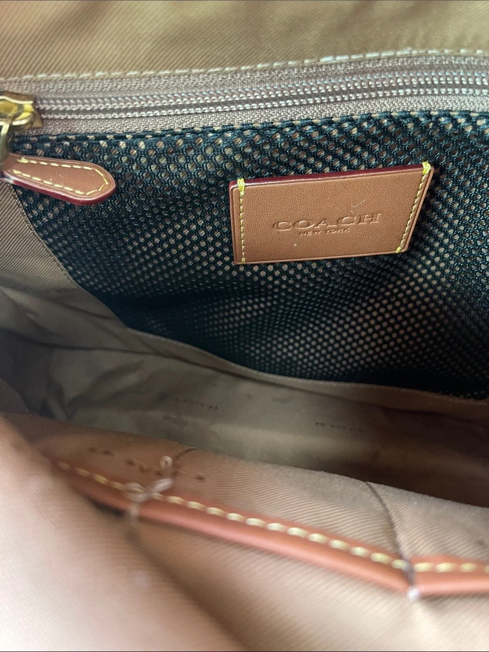 Coach Brown Monogram Backpack with Cream Front Pocket and Tan Trim